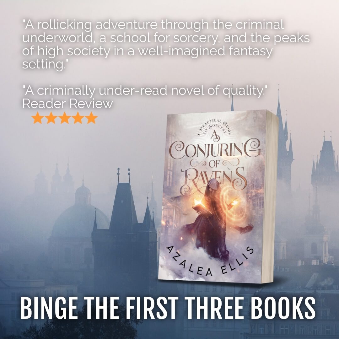 Paperback of A Conjuring of Ravens, followed by a quote from a five-star reader review