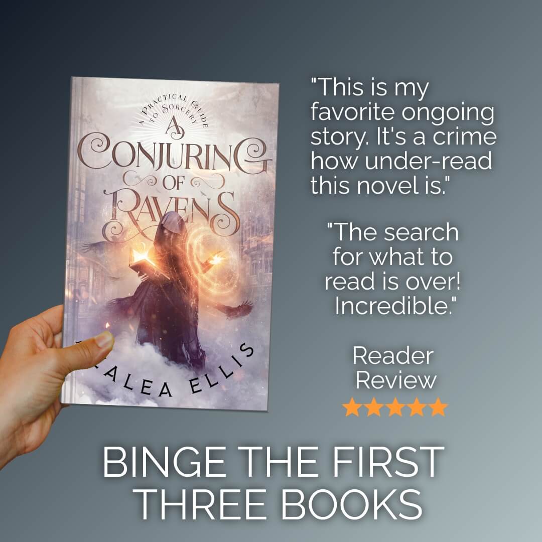 Paperback of A Conjuring of Ravens, followed by a quote from a five-star reader review