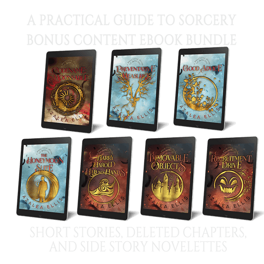 Tablets, each with one of the Practical Guide to Sorcery Bonus Content Ebooks on its screen