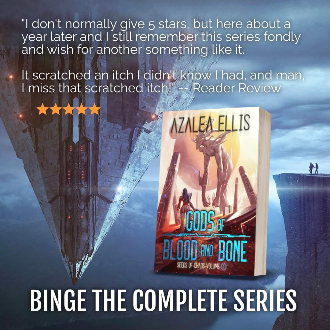 Paperback of Gods of Blood and Bone, followed by a quote from a five-star reader review