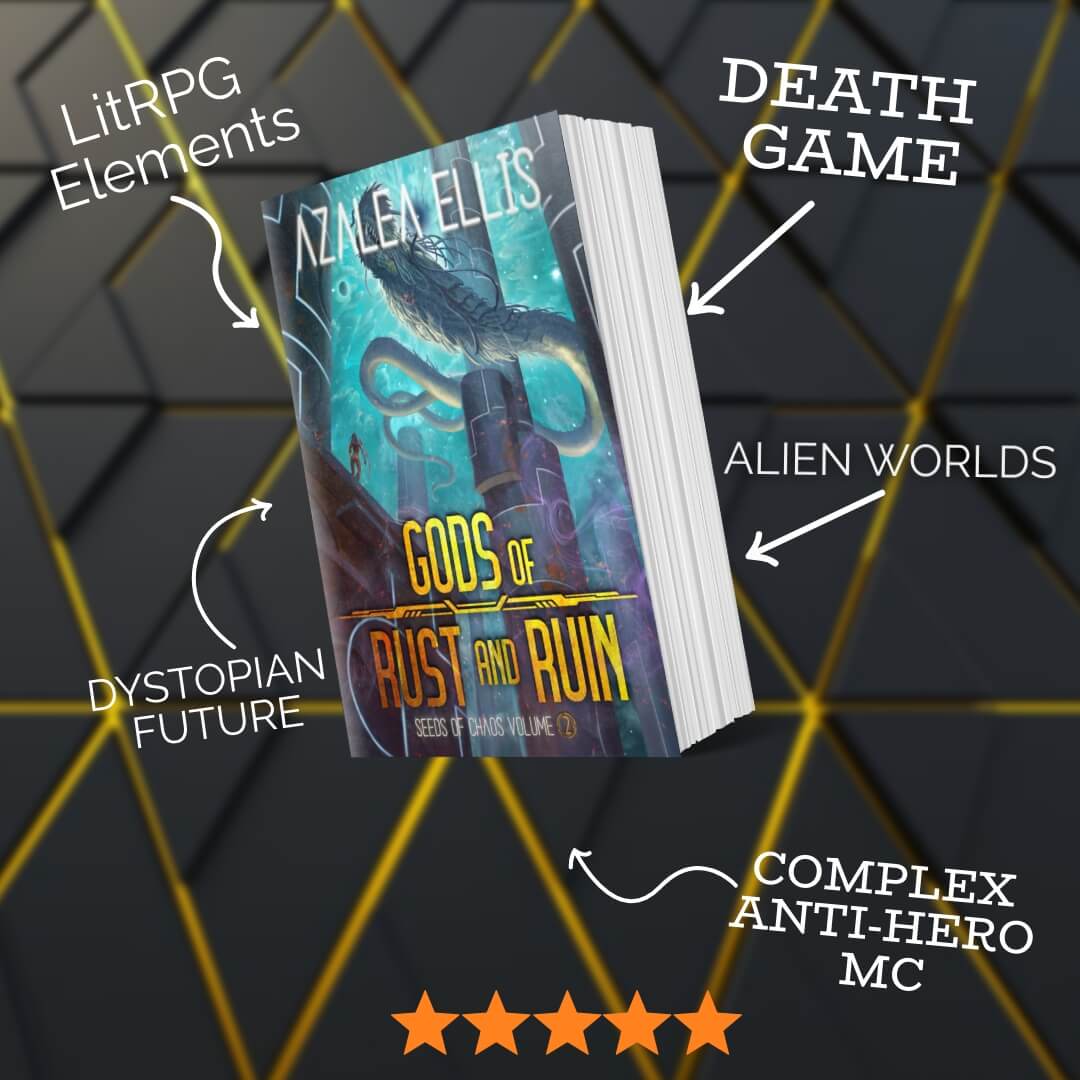 Paperback of Gods of Rust and Ruin, along with five tropes