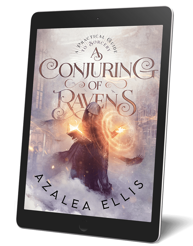A tablet with the A Conjuring of Ravens Ebook on it