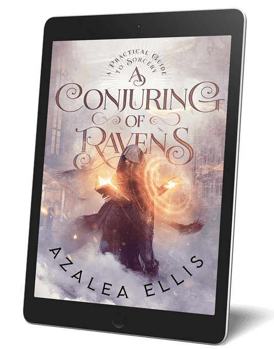A tablet with the A Conjuring of Ravens Ebook on it