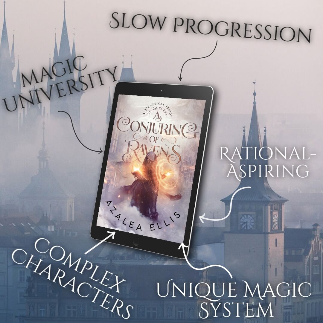 A tablet with A Conjuring of Ravens Ebook on it, along with five of the book's tropes