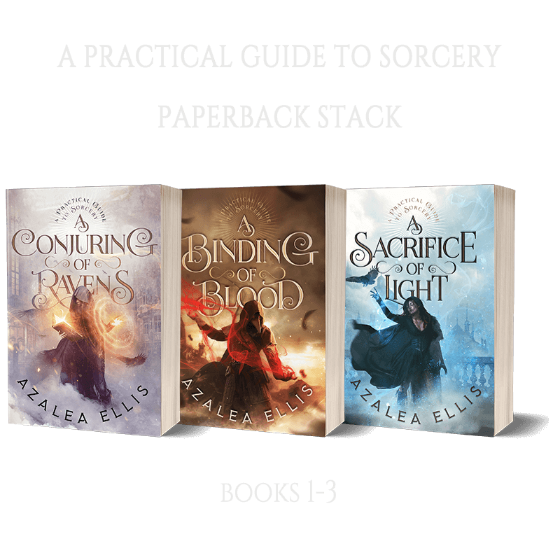 Paperbacks of the first three books of the Practical Guide to Sorcery series