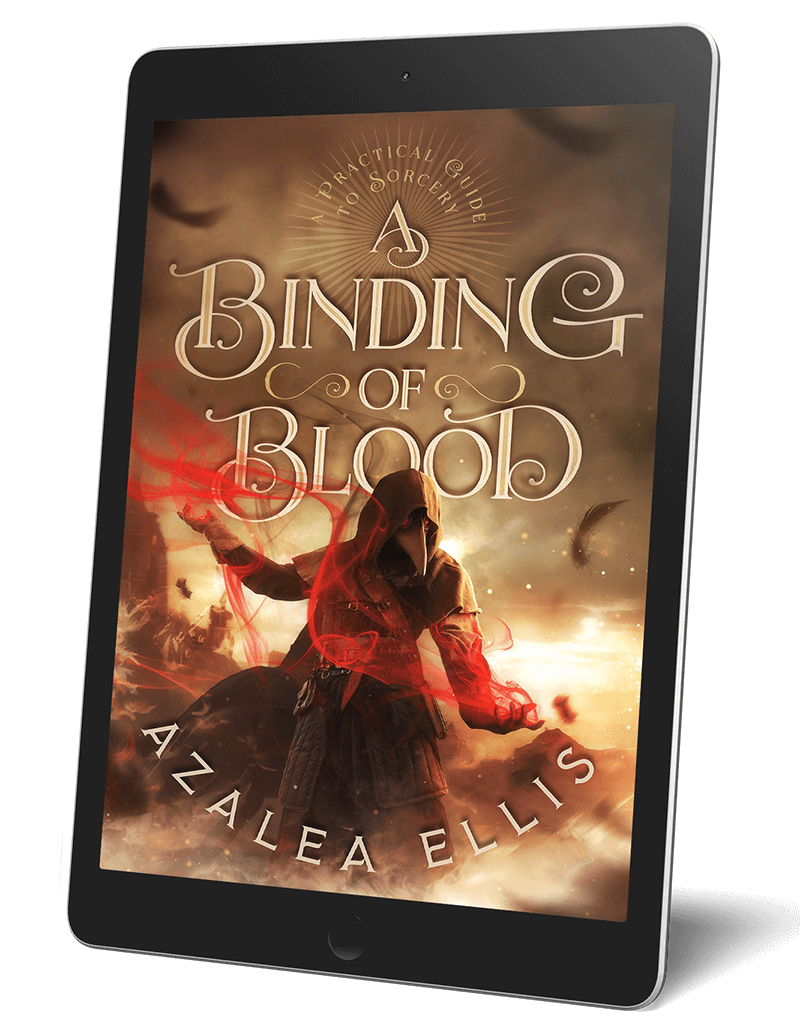 A tablet with the A Binding of Blood Ebook on it