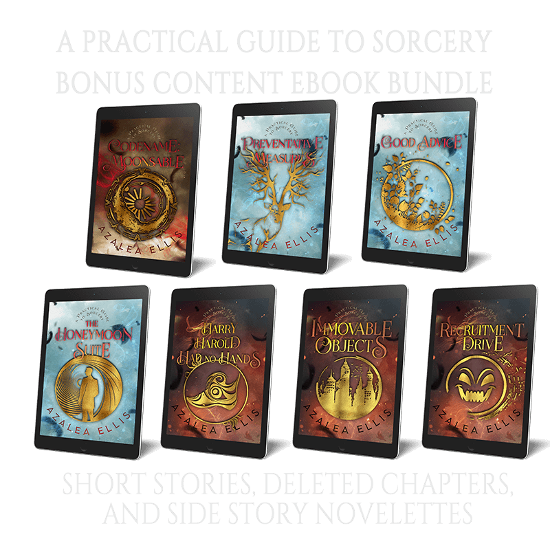 Tablets, each with one of the Practical Guide to Sorcery Bonus Content Ebooks on its screen