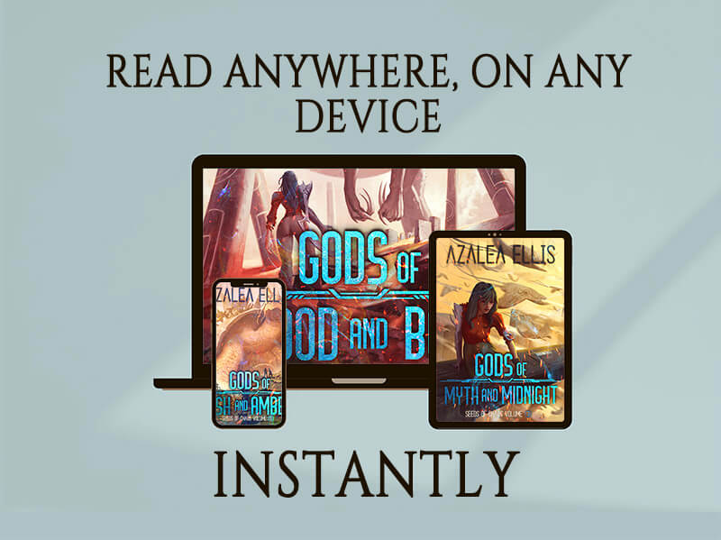 A phone, tablet, and laptop with the Seeds of Chaos Ebooks on their screens. Text that says "READ ANYWHERE, ON ANY DEVICE INSTANTLY"